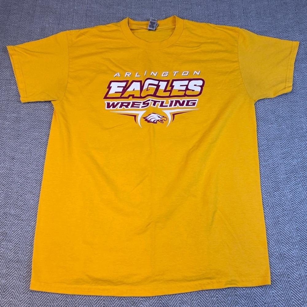 Gildan Arlington Eagles Wrestling Graphic T-Shirt Mens Large Yellow DryBlend